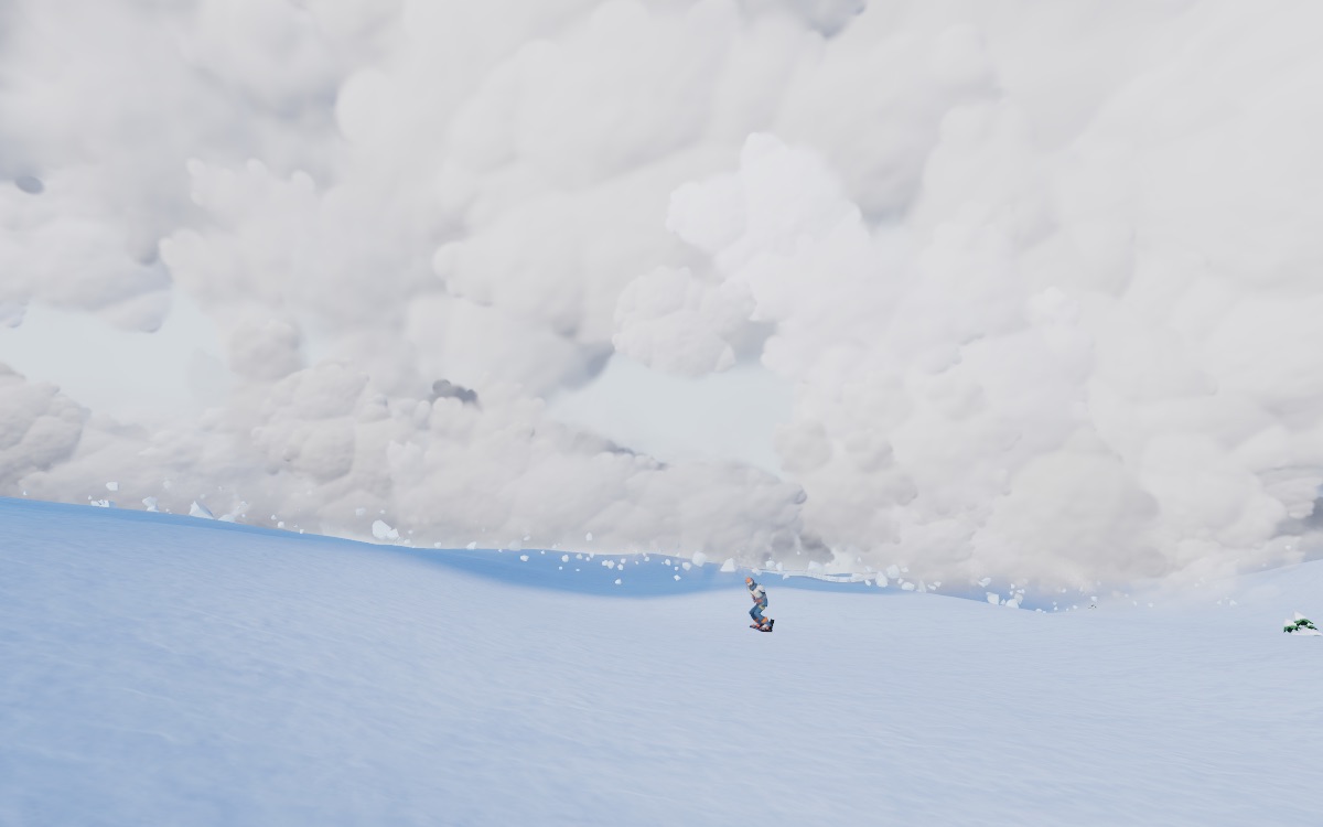 A rider on an open slope with a towering powder avalanche billowing down the mountain behind them