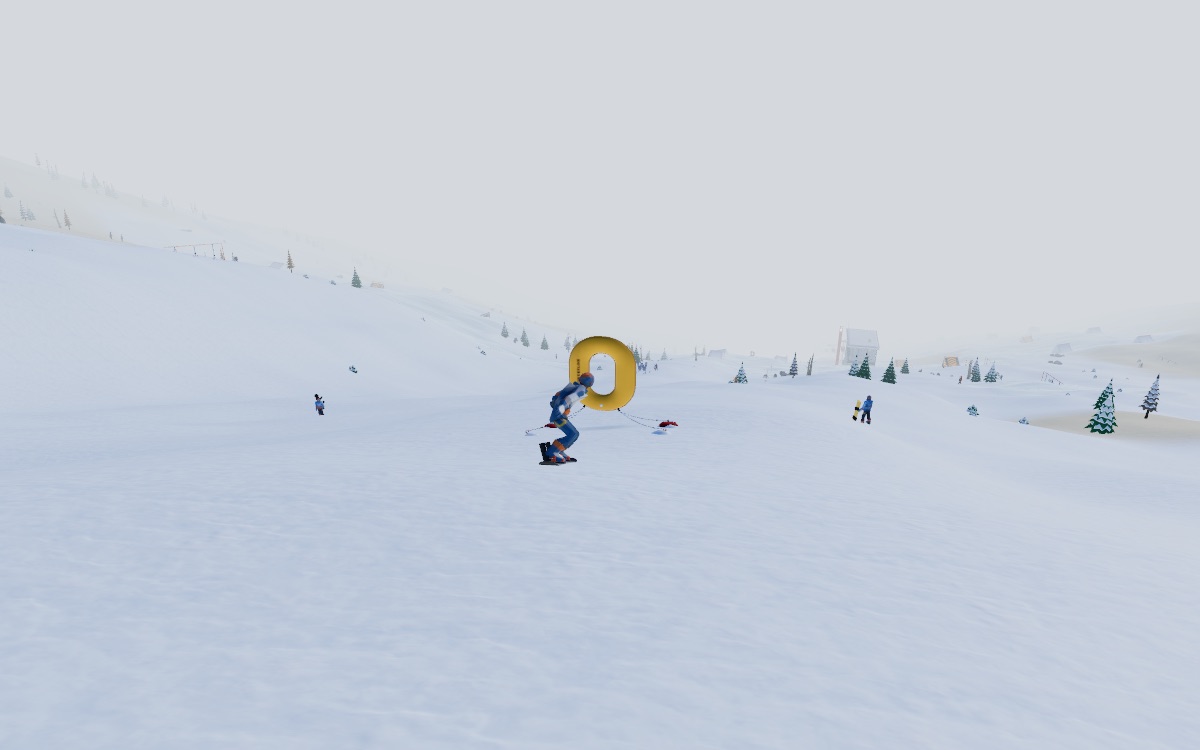 A rider lining up on the yellow letter O, a tethered inflatable balloon standing on the piste