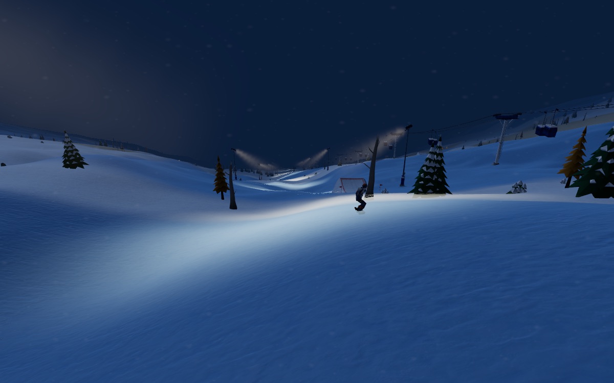 A night run lit by a floodlight mast, its beam falling on the snow ahead of the rider