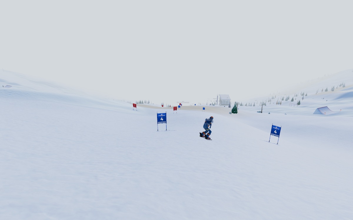A rider passing between two blue slalom panels numbered 4, with red and blue doors further down the piste