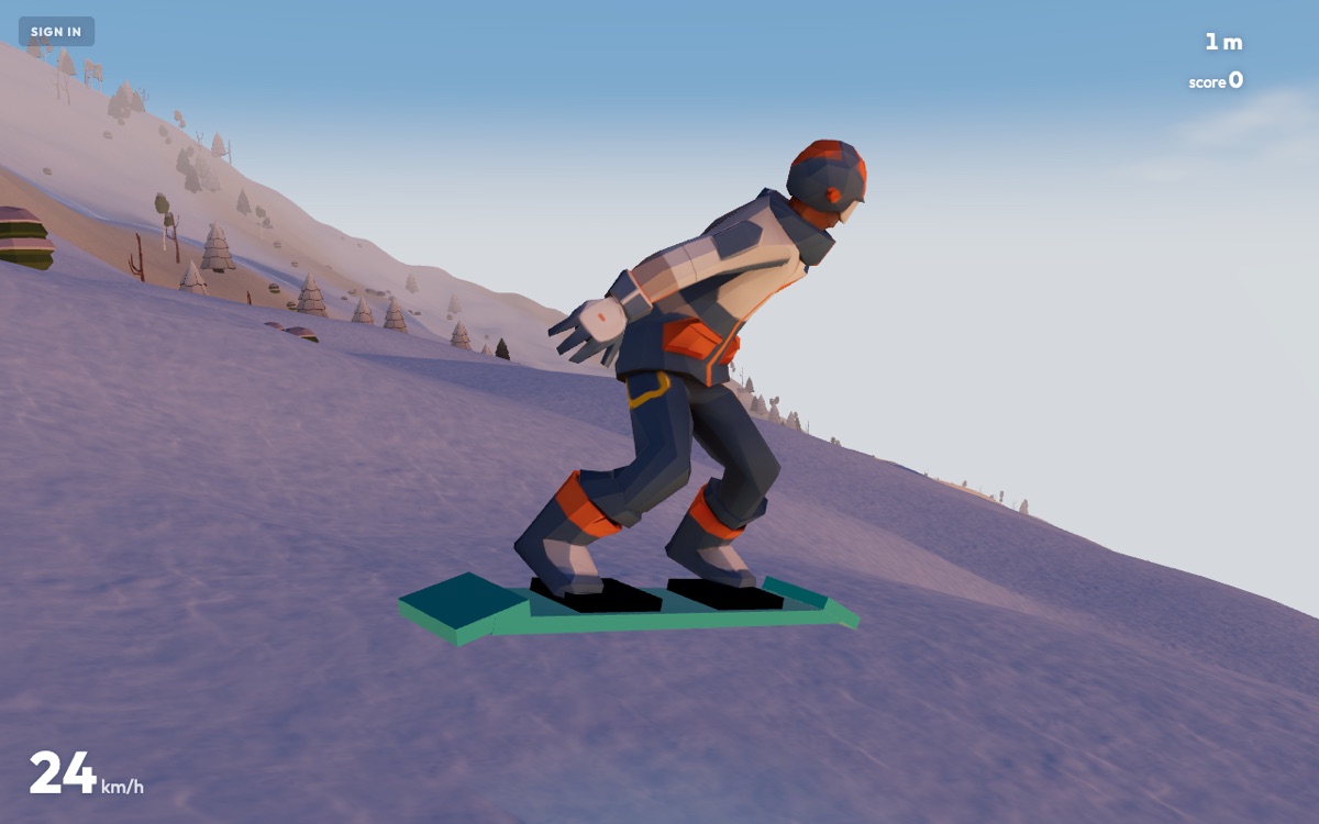 Snowboarder crouched low in a tuck, arms in, on a daylight slope