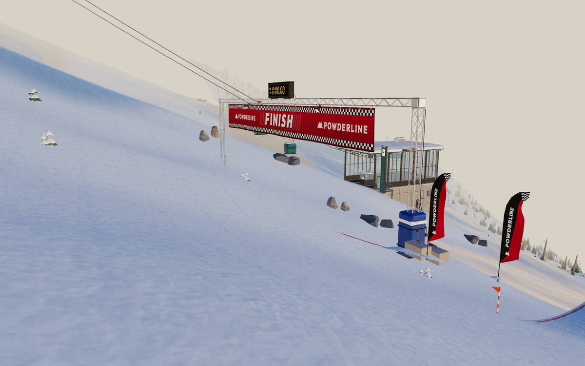 The finish gate on a slope that falls away across the course, each tower standing on its own foot in the snow