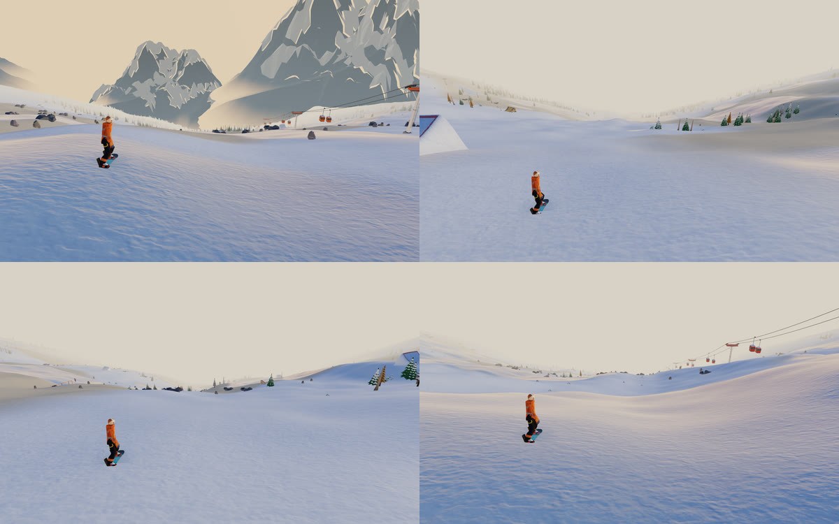 Four start lines on four race courses: a rider at the start under jagged peaks, by a kicker, on an open slope, and under a gondola line