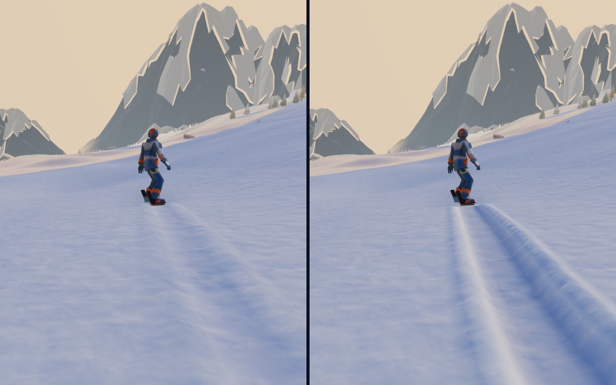 The same carve before and after: a faint stripe on the left, a groove with two berms on the right