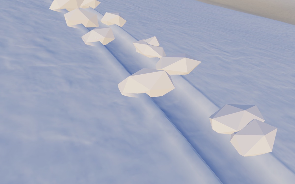Close on a groove in packed snow, its far wall lit and the near lip hiding part of the floor, lumps of snow resting on the berms