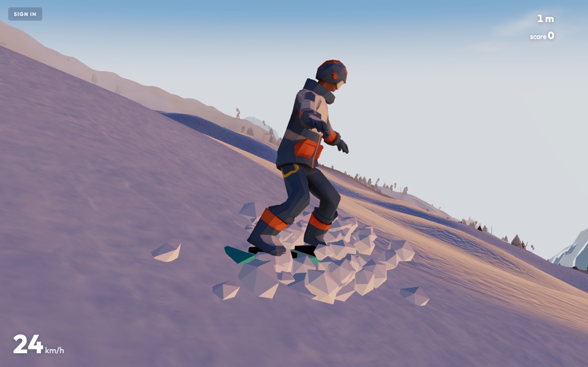 Snowboarder landing cleanly at speed, snow scattering under the board