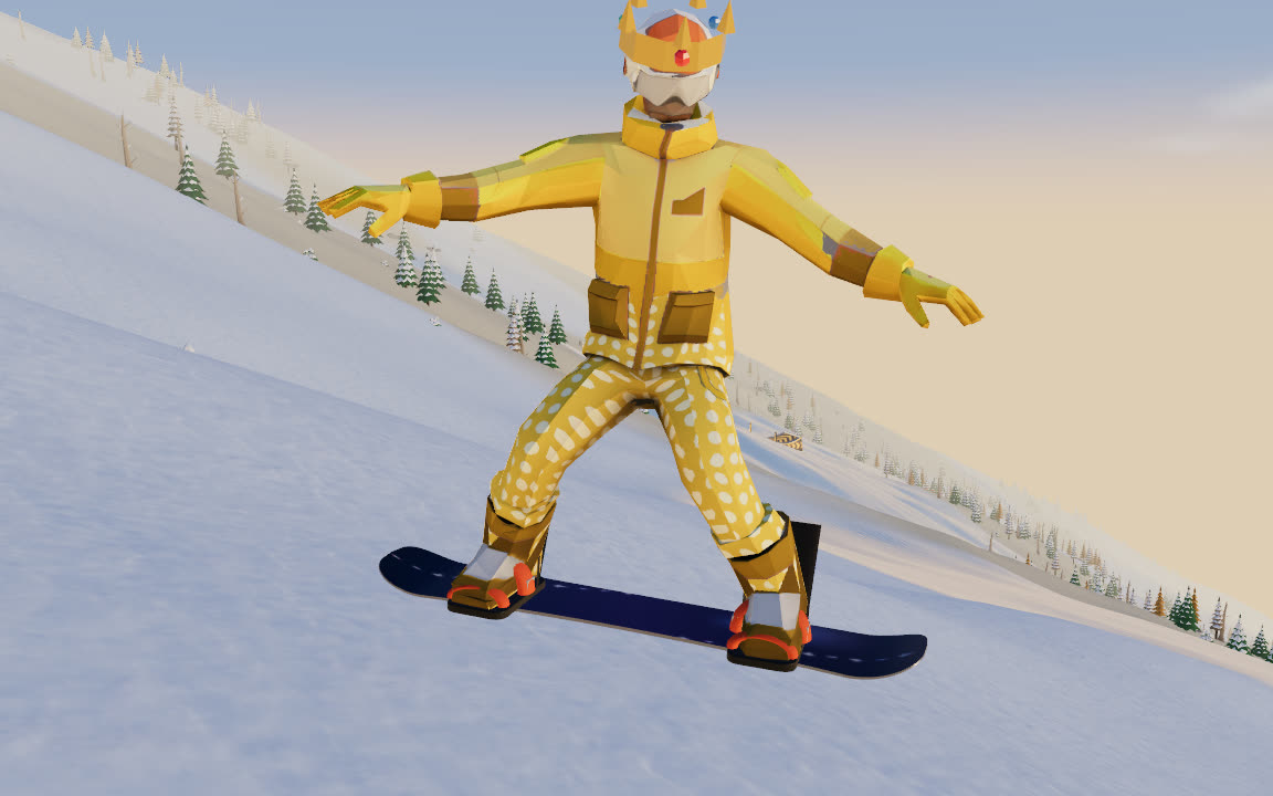 A snowboarder in a gold jacket, spotted gold pants and a royal crown on a galaxy-print board