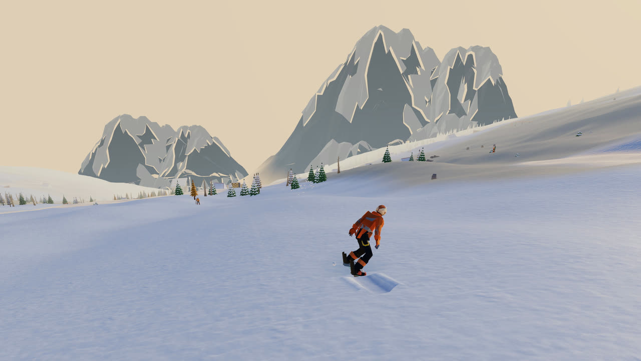 A snowboarder carving down a sunlit slope toward jagged snowy peaks