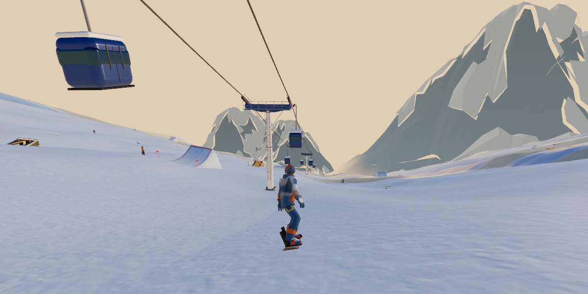 A snowboarder riding under a gondola lift, a cabin passing overhead and the towers marching down toward jagged peaks
