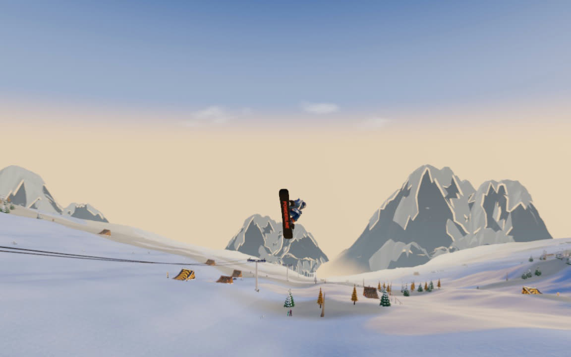 A snowboarder upside down in the middle of a frontflip, high above the slope against the peaks