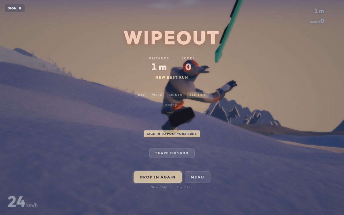The wipeout screen: the rider tumbling, the board flying, distance and score shown