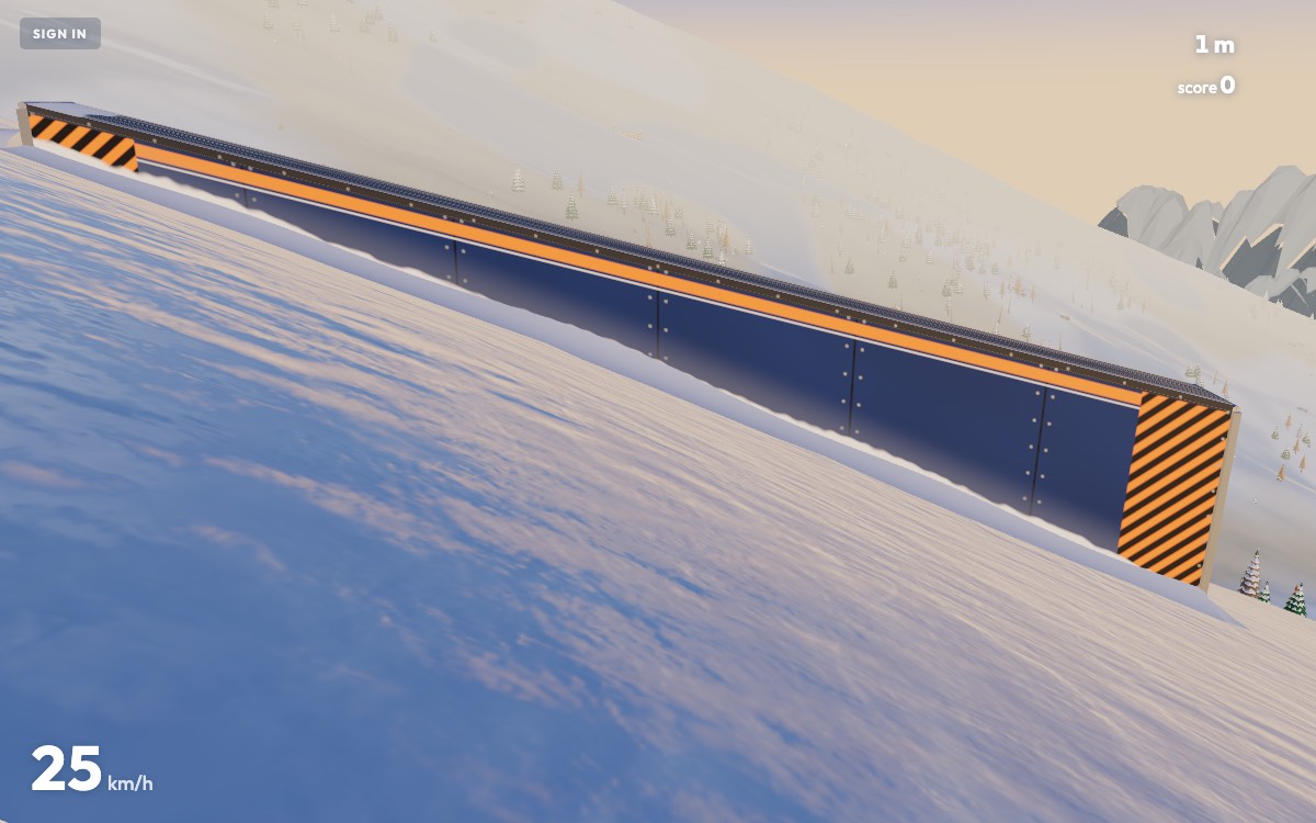 A rail box from the side: blue steel panels with an orange band and bolted seams, hazard stripes at both ends, snow banked along its foot