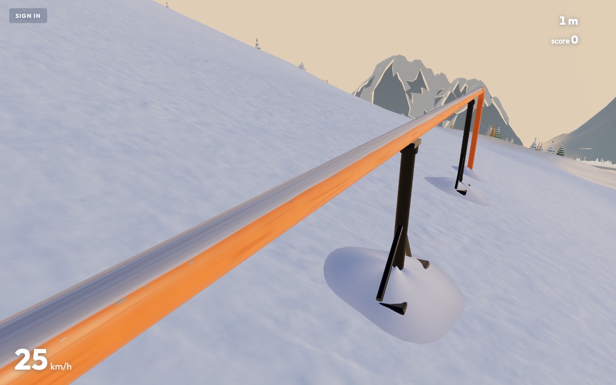 An orange grind rail worn to bare steel along its top, on braced uprights planted in packed snow